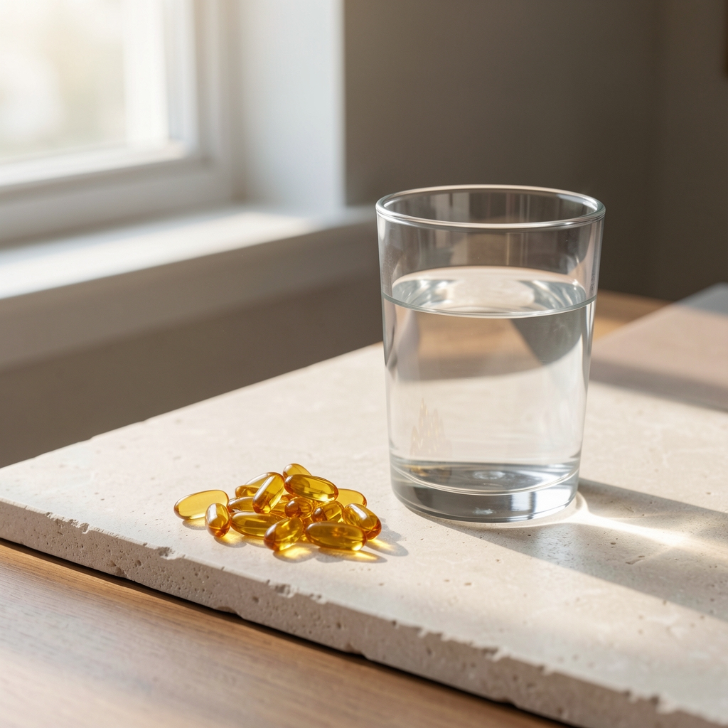 Omega-3 fish oil daily supplements and a glass of water on a pale stone surface, morning desk setup with soft daylight from a nearby window